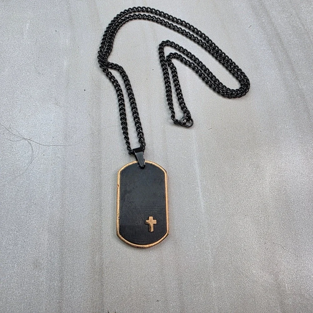 Mens Stainless Steel Black Dog Tag Cross Pendant Necklace Curb Chain Two Tone‎